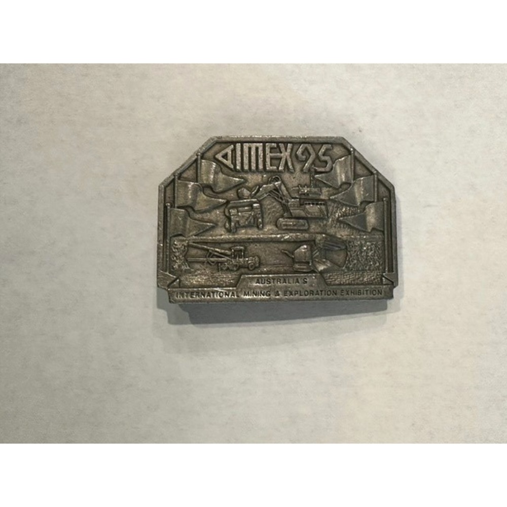 RARE Vtg Aimex 95 Belt Buckle Australia Mining Exhibition Buckingham Pewter 1995